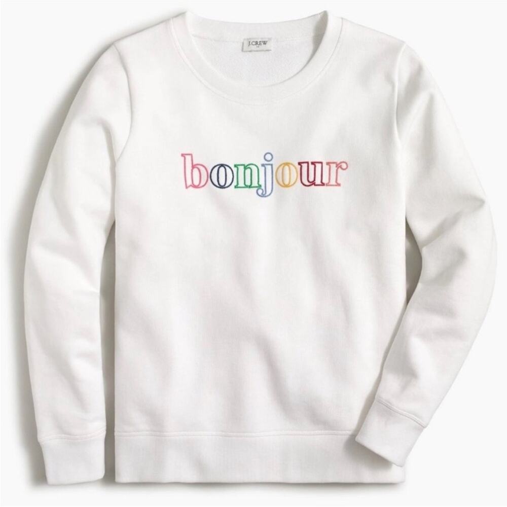 J Crew Bonjour Sweatshirt Long Sleeve Rainbow Colorful White Cotton SMALL AL015